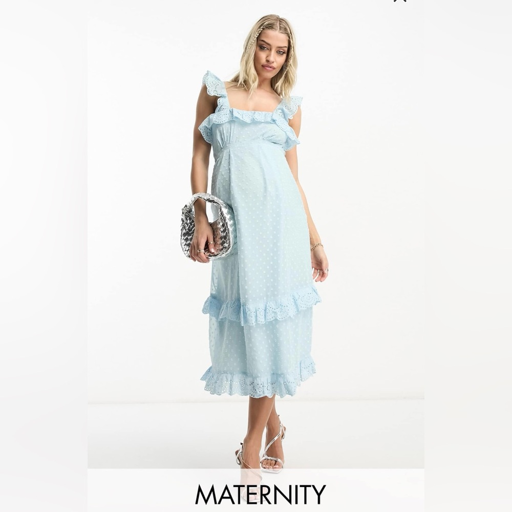 Hope & Ivy Maternity textured spot frill Midi Dress in duck egg blue